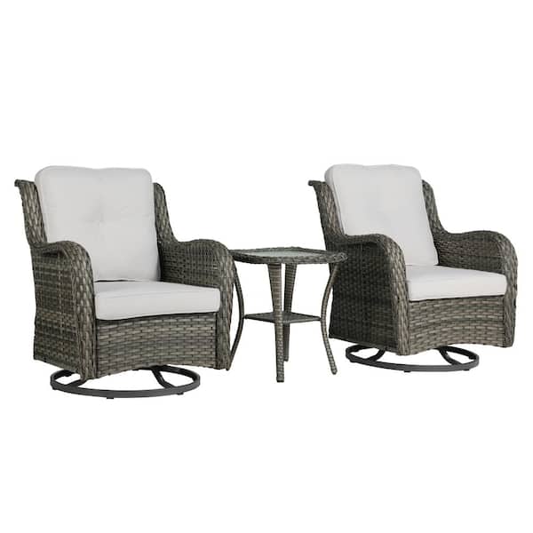 Uixe Wicker Rattan Taupe Patio Outdoor Rocking Chair Swivel with Beige Cushions and Side Table (Set of 2)