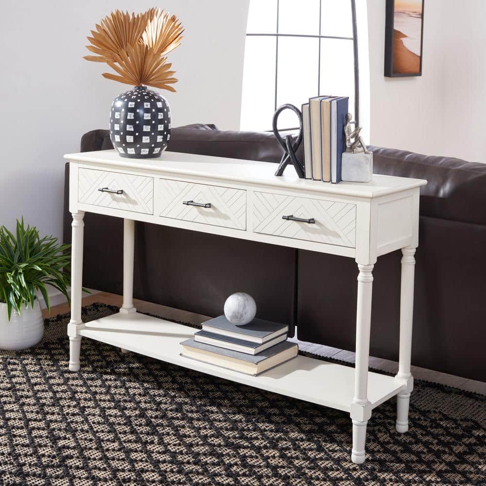 Distressed White Wooden Console Table with 3 Drawers and Storage Shelf