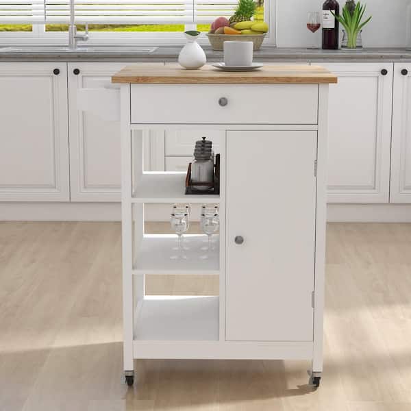 Coporesell White Rubber wood Kitchen Cart with Adjustable Shelf and Towel Rack