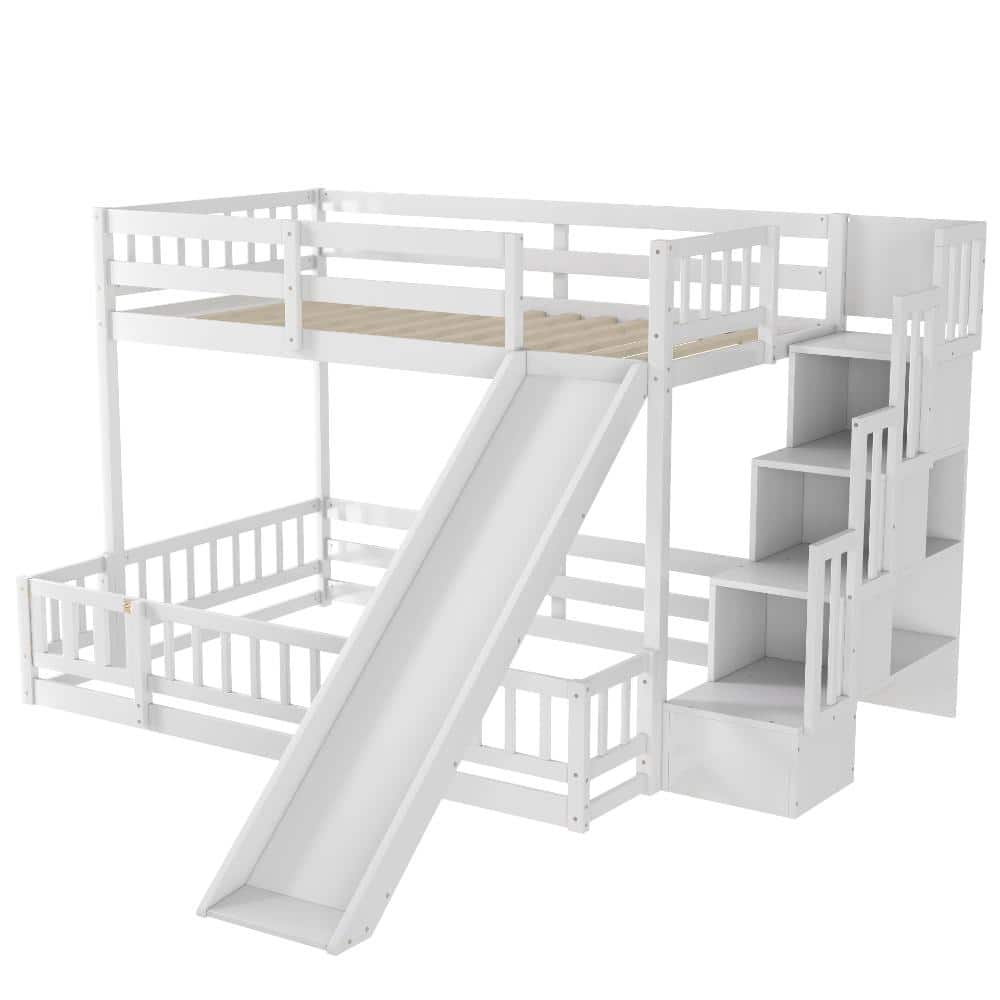 Nestfair White Twin over Full Wood Bunk Bed with Slide and Storage ...