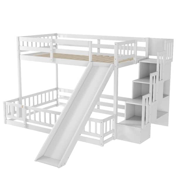 Nestfair White Twin over Full Wood Bunk Bed with Slide and Storage ...