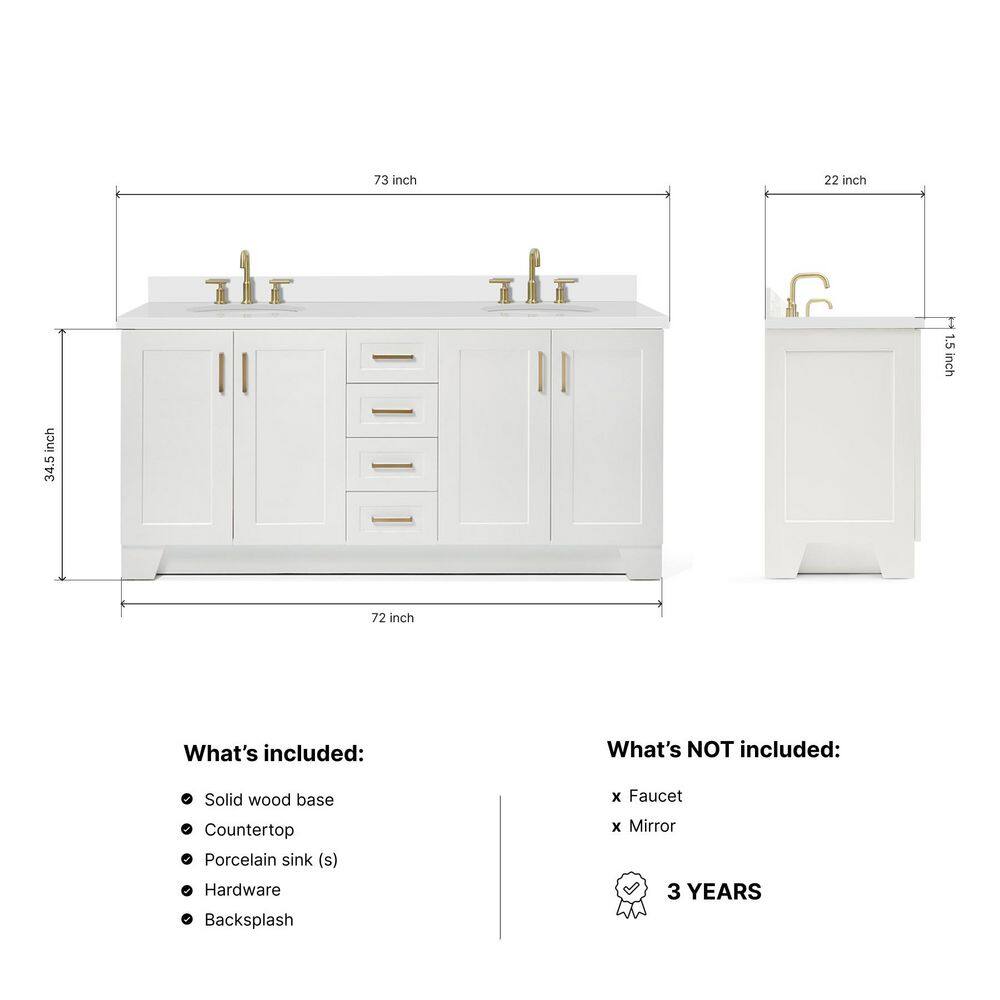 Taylor 73" White Freestanding Double Sink Bathroom Vanity with Quartz Top