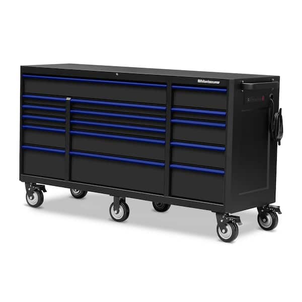 Montezuma 72 in. x 24 in. 16-Drawer Roller Cabinet Tool Chest with Power and USB Outlets in Black and Blue