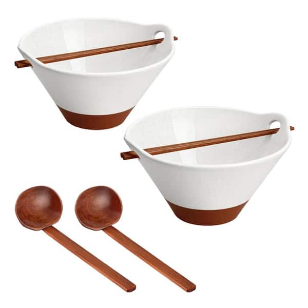 42 fl. oz. White Ceramic Soup Bowl Set with Wooden Spoon and Chopsticks for Ramen, Pho, Noodles, Ramen Bowls (Set of 2)