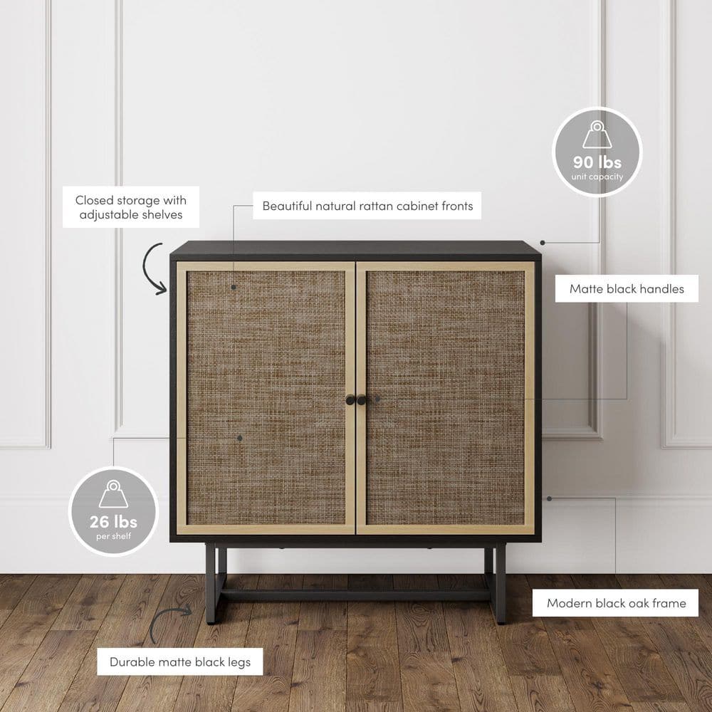 Black Oak and Cane Rectangular Sideboard with Adjustable Shelving