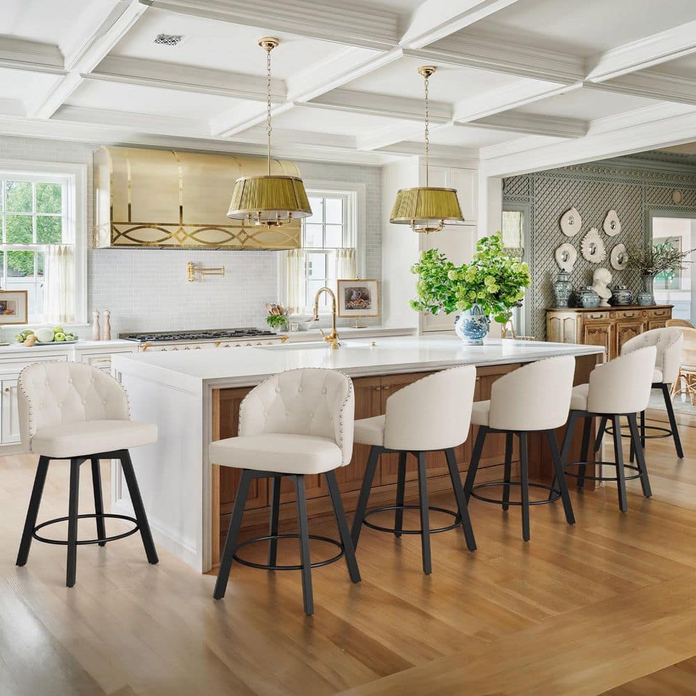 26in. Beige Fabric Upholstered Metal Frame Counter Height Swivel Bar Stools With Matte Silver Rivets (Set of 6)
