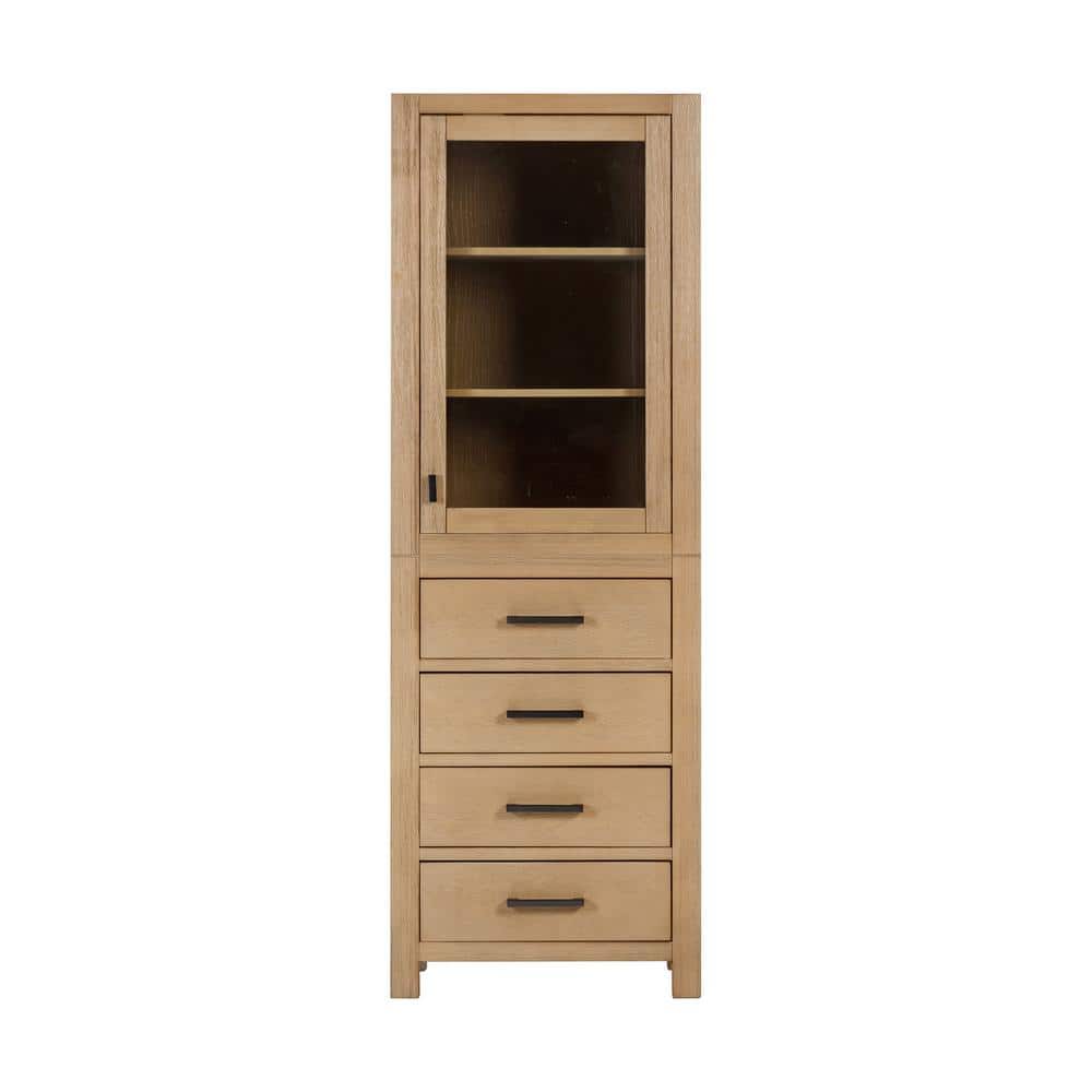 Brushed Oak 71" Lockable Linen Cabinet with Glass Door