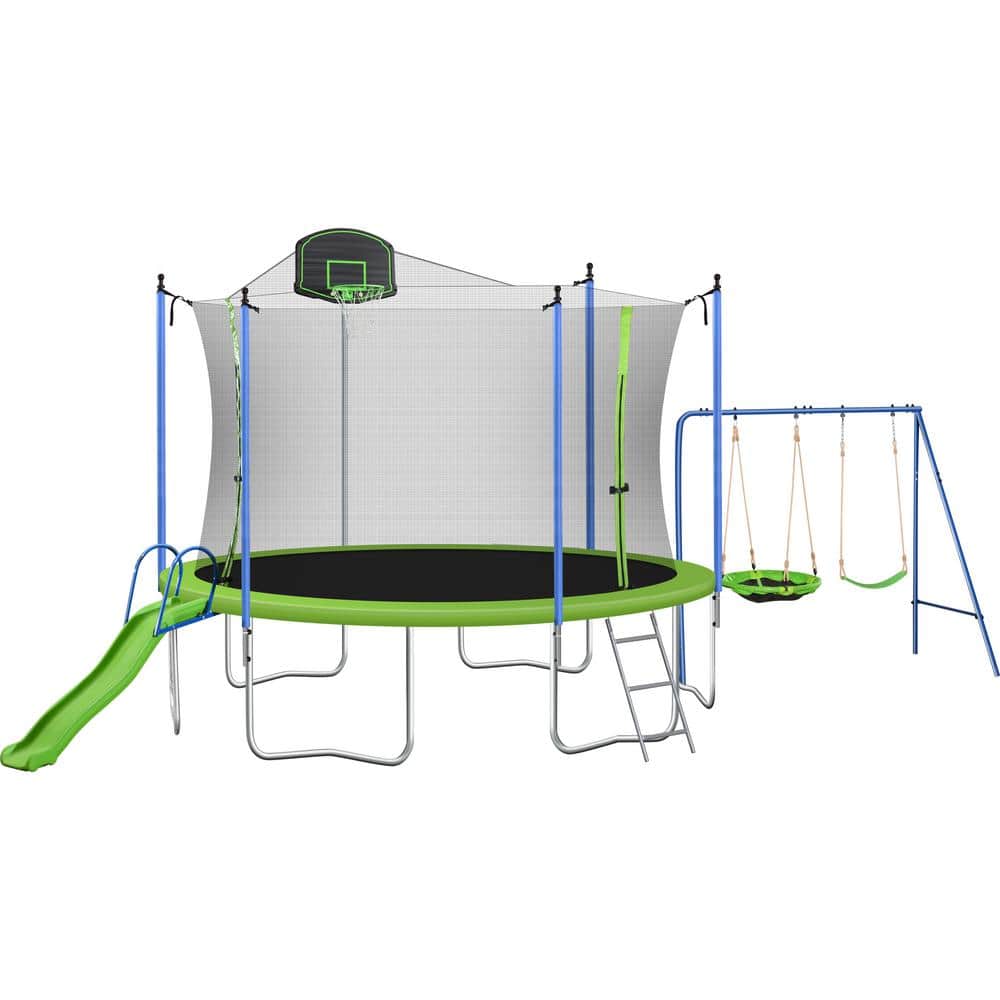 Alcatraz Island Scenario Dank je Sireck 14 ft. Green Round Trampoline with Swing-Metal with Slide ZQP-BC30A  - The Home Depot