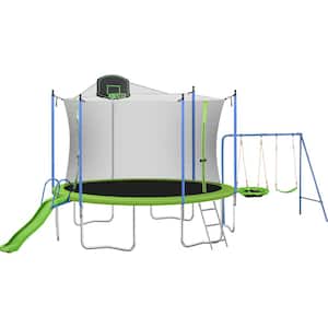 14 ft. Green Round Trampoline with Swing-Metal with Slide