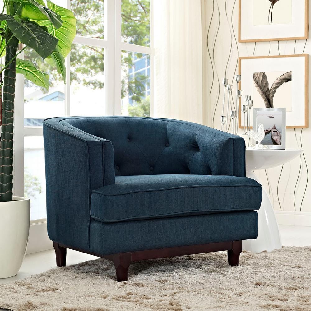 Azure Barrel Wood Armchair with Deep Button Tufting
