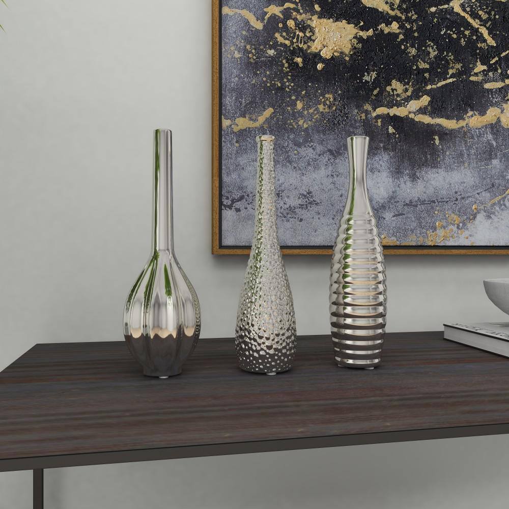 Elegant Trio Silver Ceramic Vase Set with Textured Finish