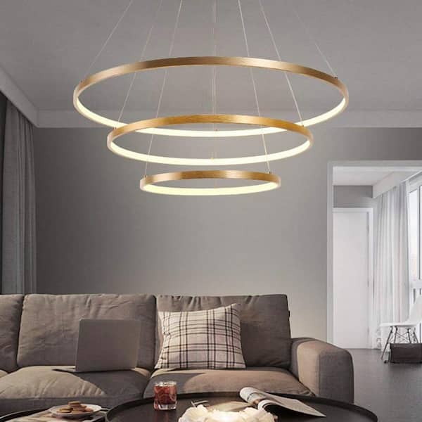 Modern 50-Watt 3-Light Tiered Integrated LED Gold Rings Chandelier