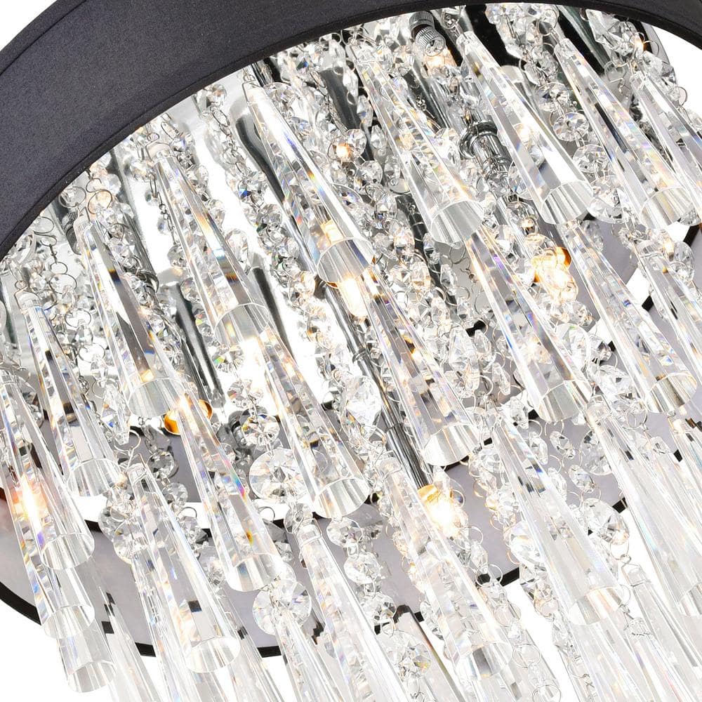 Chrome Drum Shade Black Chandelier with Crystals