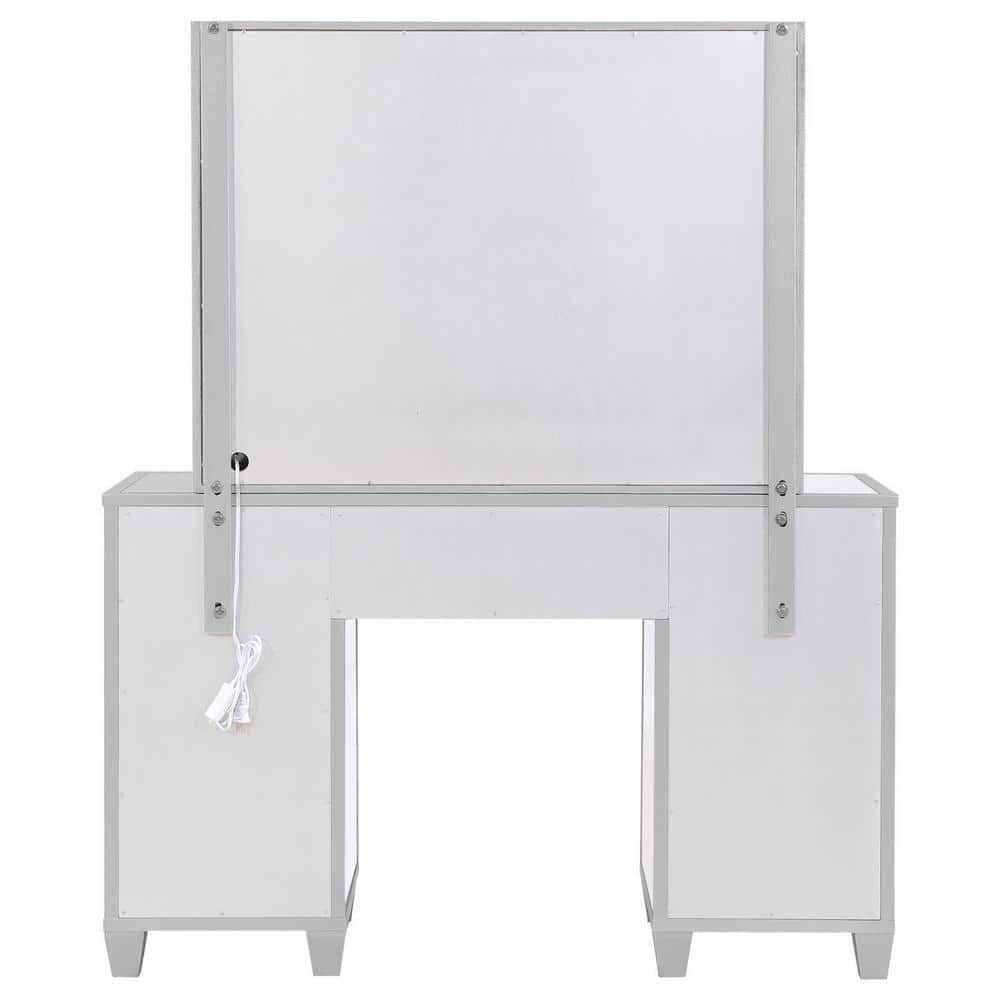 Allora Silver Mirrored Vanity Set with Bench and Hollywood Lighting