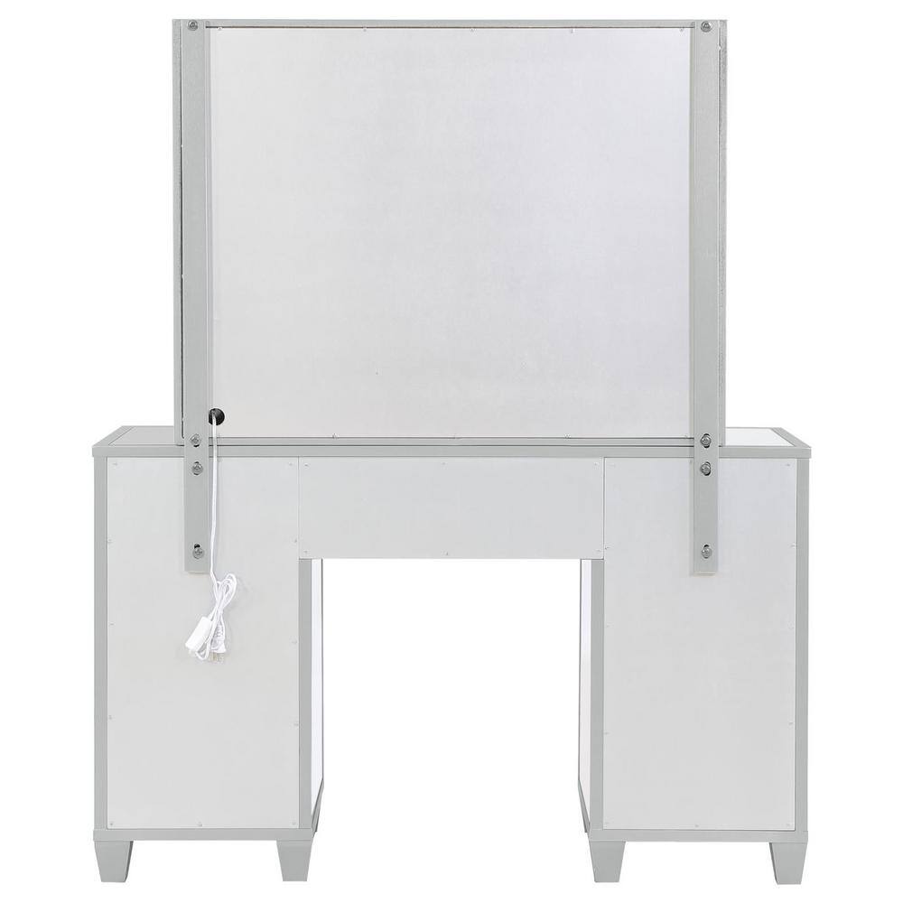 Allora Silver Mirrored Vanity Set with Bench and Hollywood Lighting