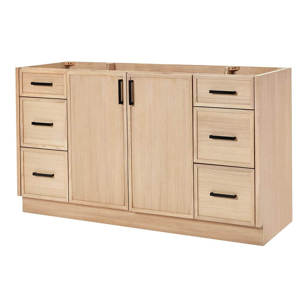 Kelly 60" White Oak Freestanding Bathroom Vanity Cabinet with Black Handles
