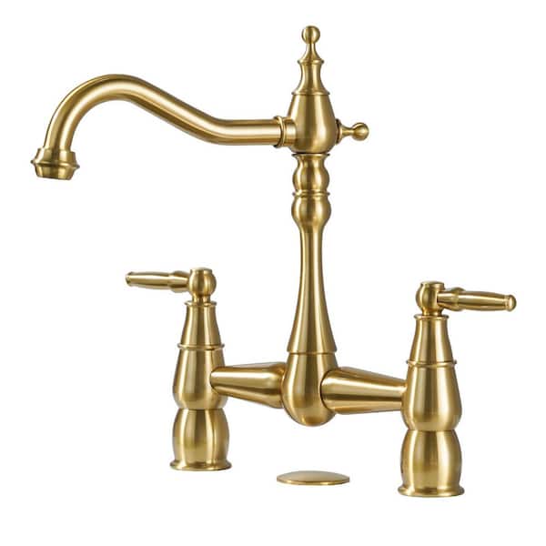 8 in. Centerset Double Handle Brass Elegant Bridge Kitchen Faucet with Sink Hole Cover in Brushed Gold