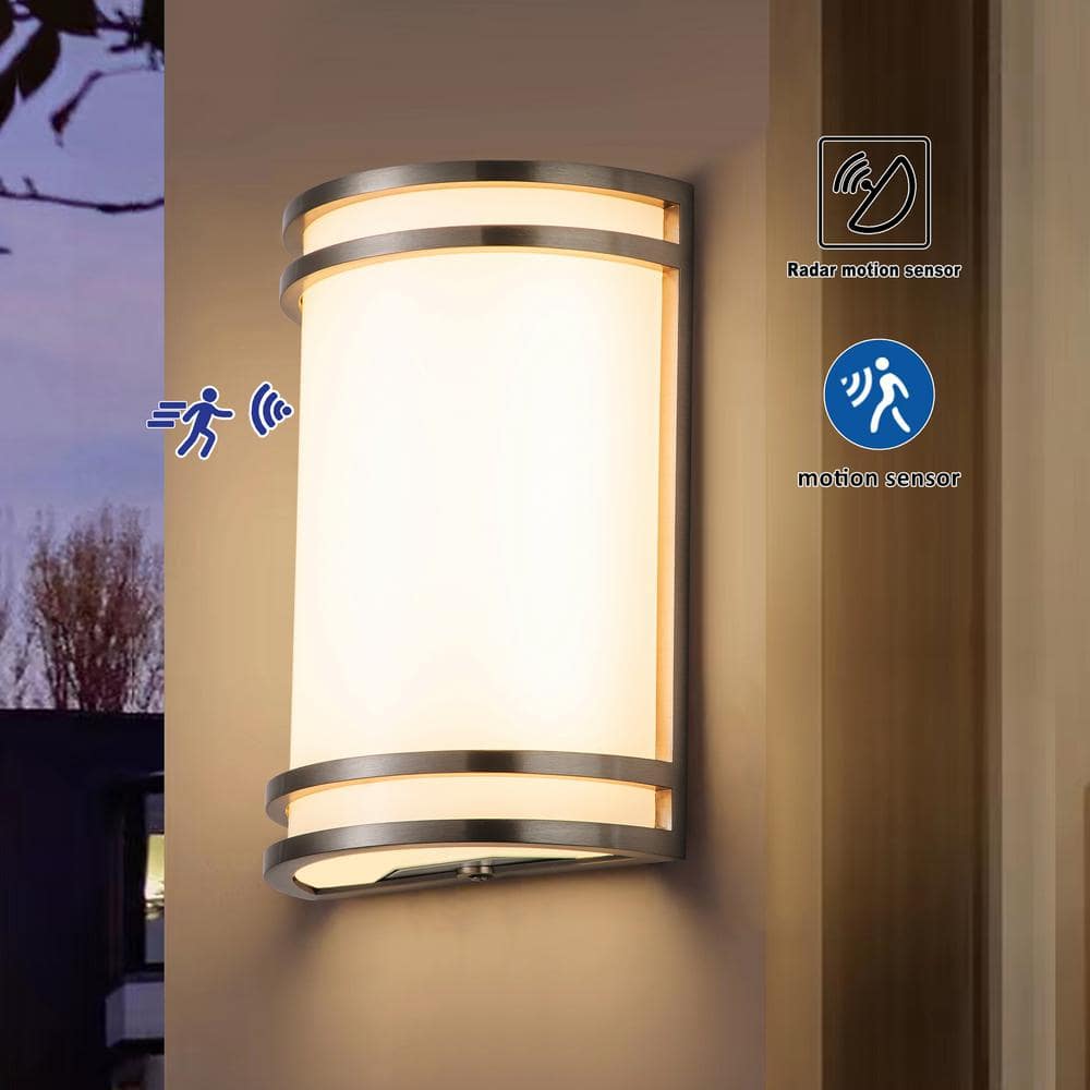C Cattleya 1-Light Brushed Nickel Aluminum 15-Watt LED Radar Sensor Outdoor Wall Light with Acrylic Shade