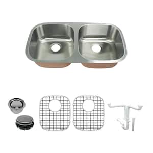 Classic All in.-One Undermount Stainless Steel 32.37 in. 50/50 Double Bowl Kitchen Sink in Brushed Stainless Steel