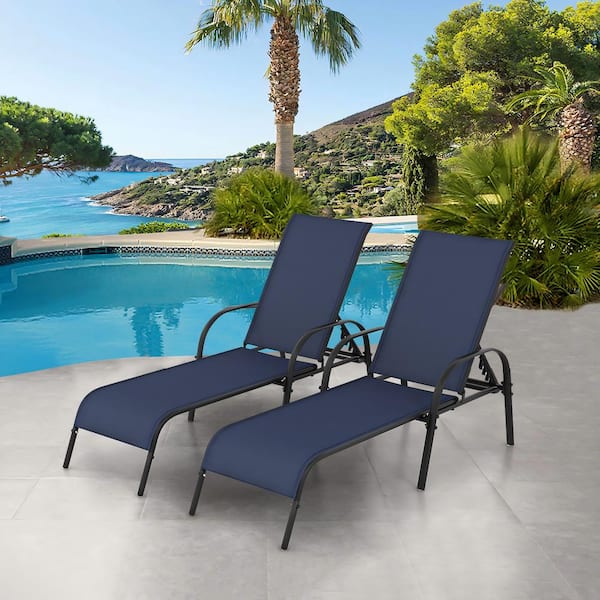 Liviza Metal Adjustable Outdoor Chaise Lounge with Armrest, Navy