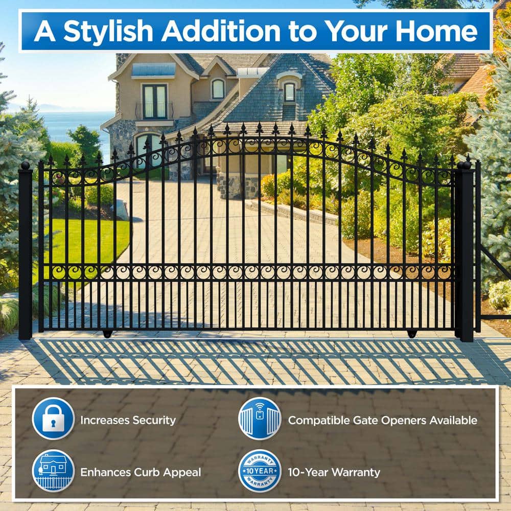 Black Steel Arched Sliding Driveway Gate with Pointed Pickets
