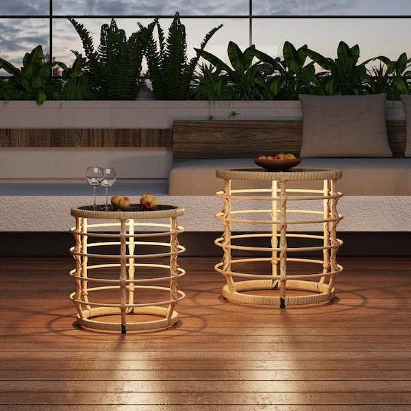 2-Piece Boho Black Steel Round Wicker Outdoor Side Table with Auto-On Solar Lights, Weather Resist Patio Garden Decor