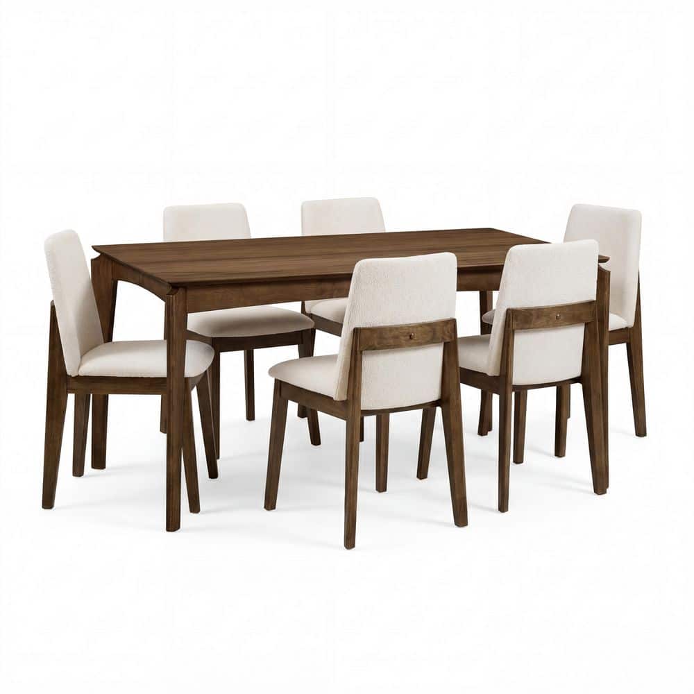 Aimee 7-Piece Wood Top Dining Set with Beige+Walnut Fabric Upholstered Dining Chairs, Walnut Dining Table, Seats 6