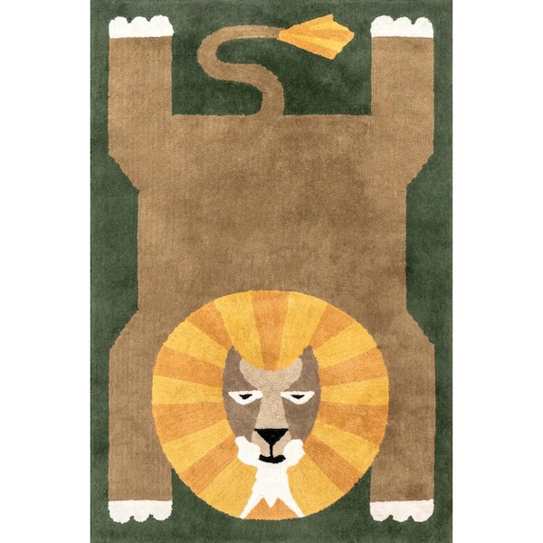 nuLOOM Green Doormat 3 ft. x 5 ft. Tamira Colorful Lion Machine Washable Kids Accent Rug Area Rug