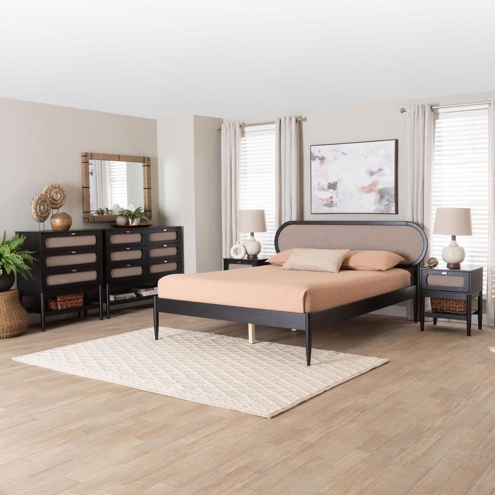 Shirin 5-Piece Beige Fabric and Black Wood Queen Bedroom Set
