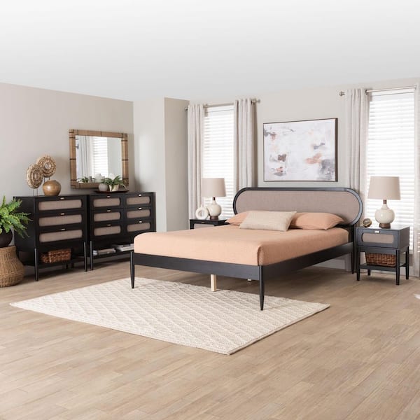 Baxton Studio Shirin 5-Piece Beige Fabric and Black Wood Queen Bedroom Set