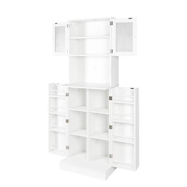 White Wood Pantry Organizer, Tall Storage Cabinet, Freestanding Kitchen Hutch with Microwave Stand, Doors