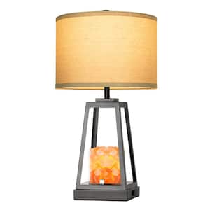 24.4 in. Black Table Lamp with USB Port and Outlet Dimmable Touch Control Lamp with Himalayan Salt Lamp