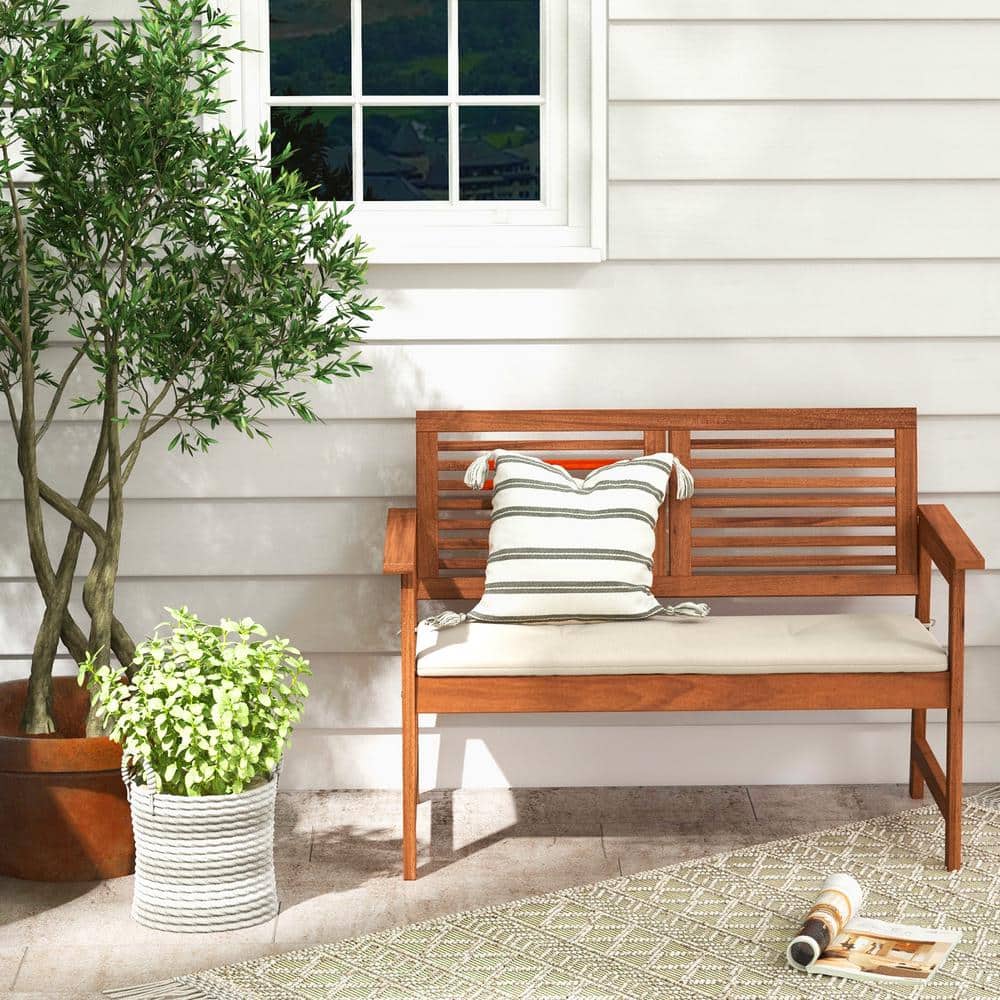 Natural Brown Solid Wood Outdoor Bench with Off-White Cushion