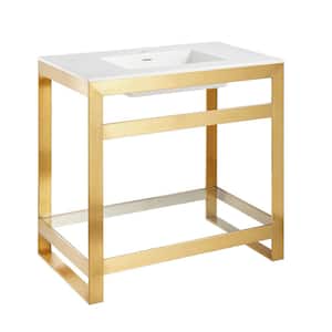 Orchard 36 in. Console Sink in Brushed Gold with Glossy White Countertop