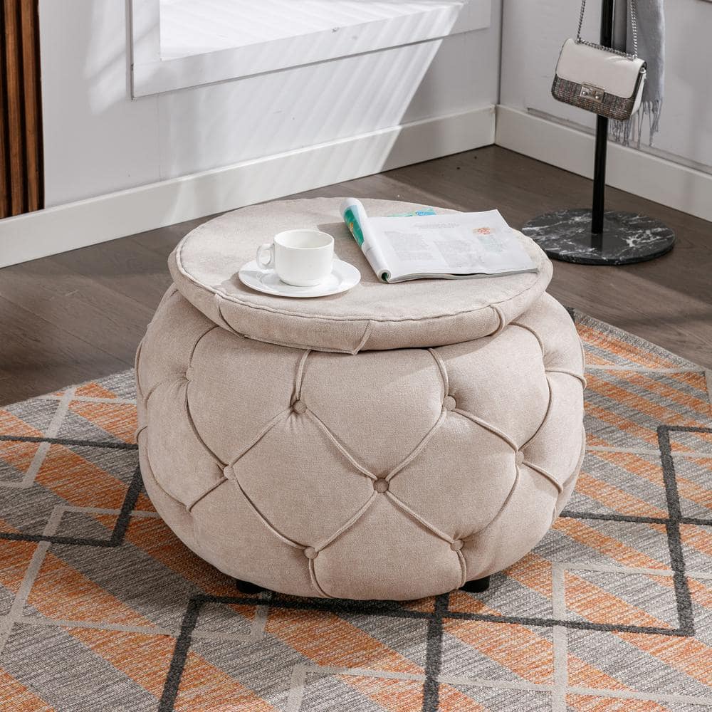 Rustic Round Wood and Fabric Cushioned White Foot Stool - Bed Bath & Beyond  - 19559670