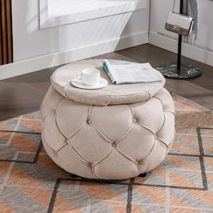 27.5 in. Large Button Tufted Burlap Beige Woven Round Storage Ottoman for Living Room Bedroom