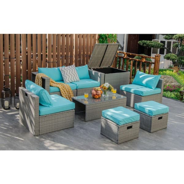 8-Piece Patio Rattan Metal Patio Conversation Set with Cushions in Turquoise and Storage Table