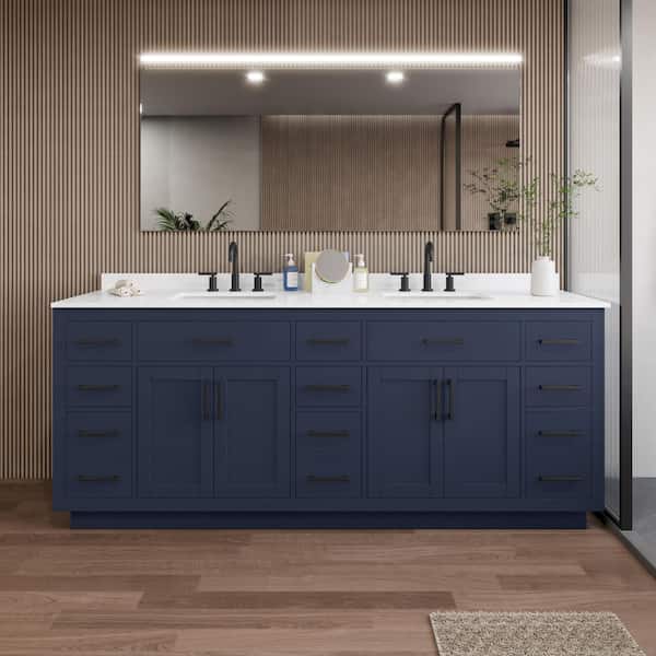 Wyndham Collection Beckett TK 84 in. W x 22 in. D x 35 in. H Double Sink Bath Vanity in Dark Blue with Matte Black Trim White Quartz Top