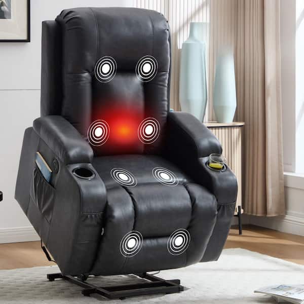 Dark Grey PU Leather Power Lift Recliner with Infinite Position, Massage, Lumbar Heat, USB Port and Cup Holders