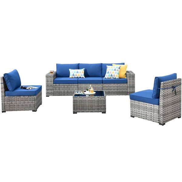 Crater Gray 6-Piece Wicker Wide-Plus Arm Outdoor Patio Conversation Sofa Set with Navy Blue Cushions