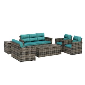 Alpine 6-Piece Rattan Wicker Patio Outdoor Conversation Set with Turquoise Cushions