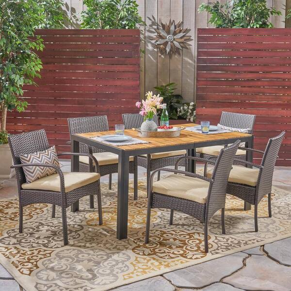 Noble House Miles Teak Brown 7-Piece Wood and Multi-Brown Faux Rattan ...
