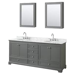 Deborah 80 in. Double Vanity in Dark Gray with Marble Vanity Top in White Carrara with White Basins and Med Cabinets