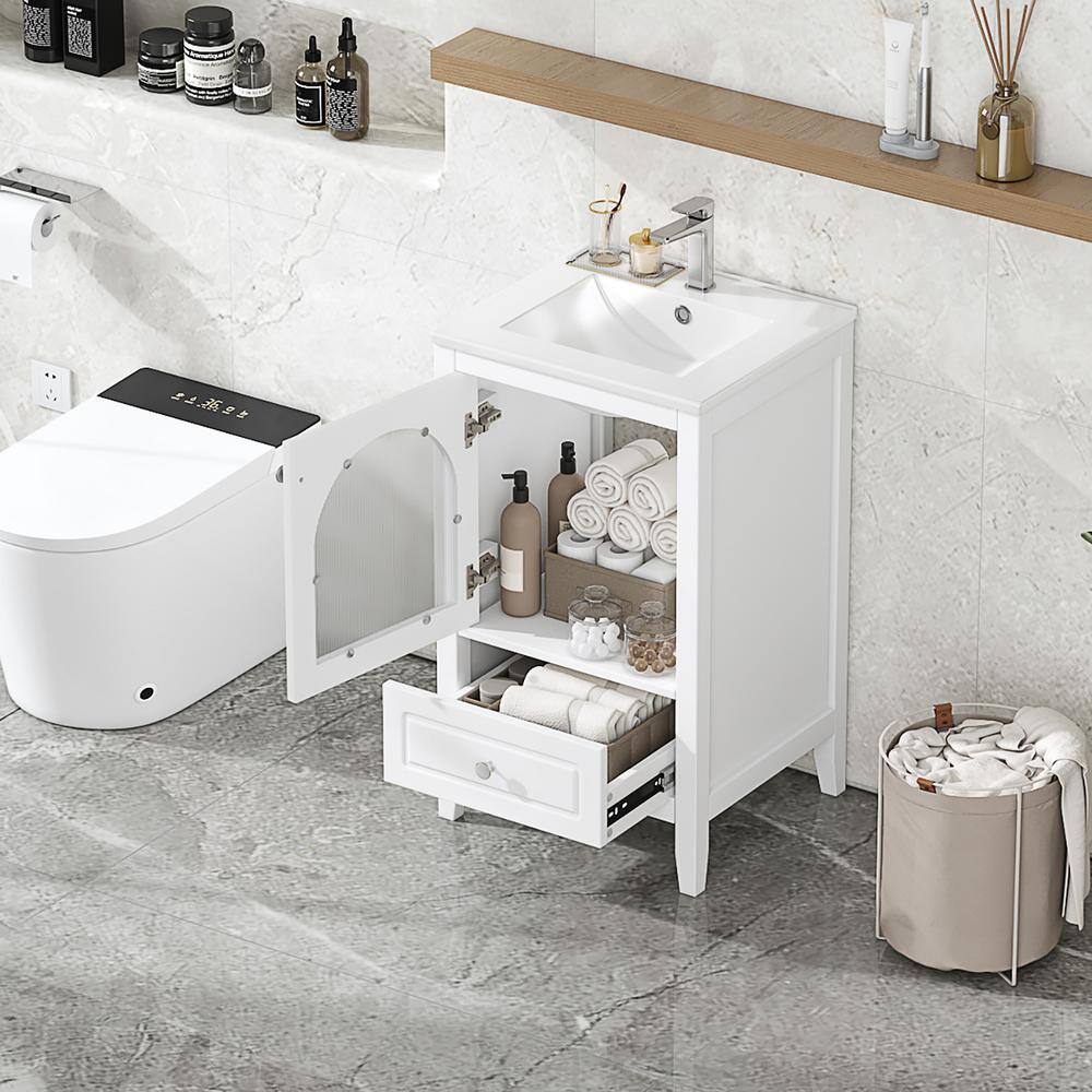 White 20" Freestanding Bathroom Vanity with Ceramic Sink and Glass Door