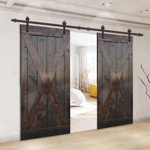 X Series 84 in. x 84 in. Dark Coffee Stained Solid Wood Double Sliding Barn Door with Hardware Kit