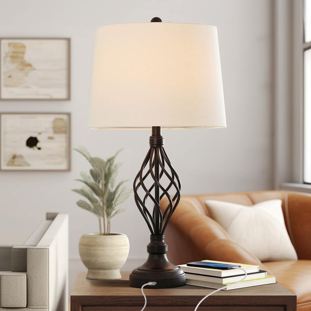 28 in. Bronze Table Lamps Set with White Linen Shade and USB Ports