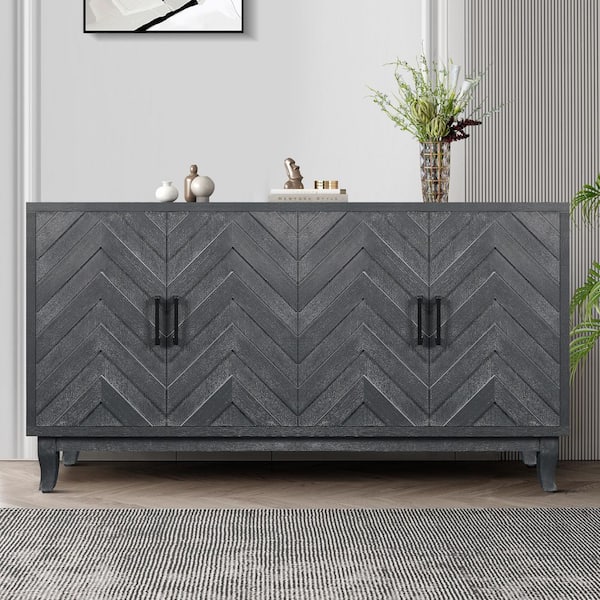 Vintage Dark Grey MDF Pine 60 in. Buffet Sideboard with 4 Doors and Adjustable Shelves