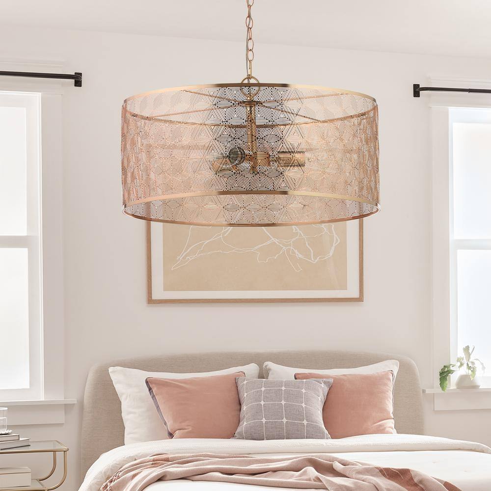 Elegant Polished Gold 25.5" Drum Chandelier with Geometric Cutouts