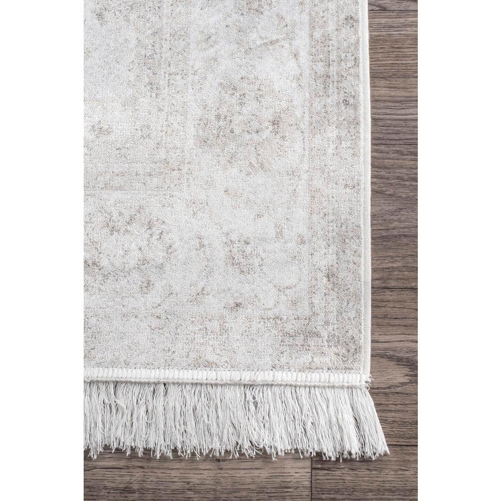Ivory Floral Rectangular Viscose Area Rug with Fringe, 5' x 8'