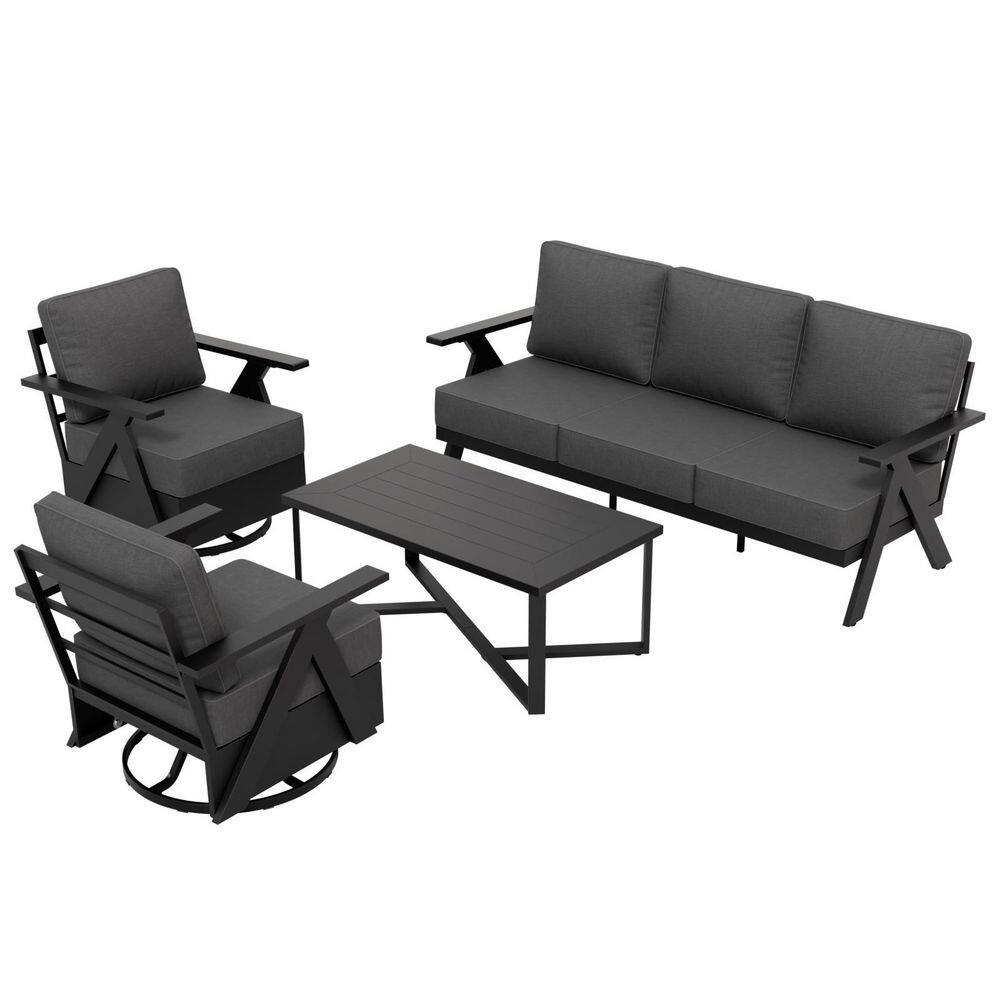 Modern 4-Piece Patio Set: 2 Swivel Rocking Chairs Three-Seater Sofa with Coffee Table Black Steel with Beige Cushions price history on PriceWatchPro